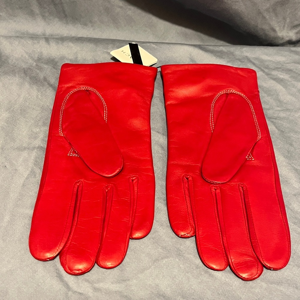 Coach Women's Red Leather Gloves with Buckle - Picture 2 of 7